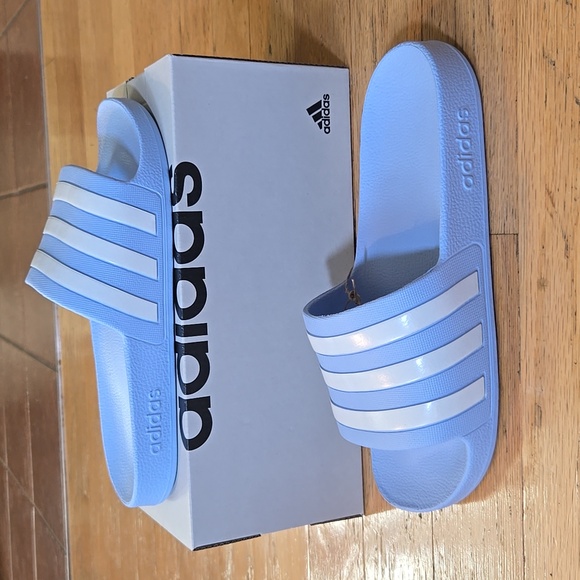 adidas Shoes - Adidas Adilette Aqua Slides Women's Size 8 Light Blue & White Stripes Slip-On